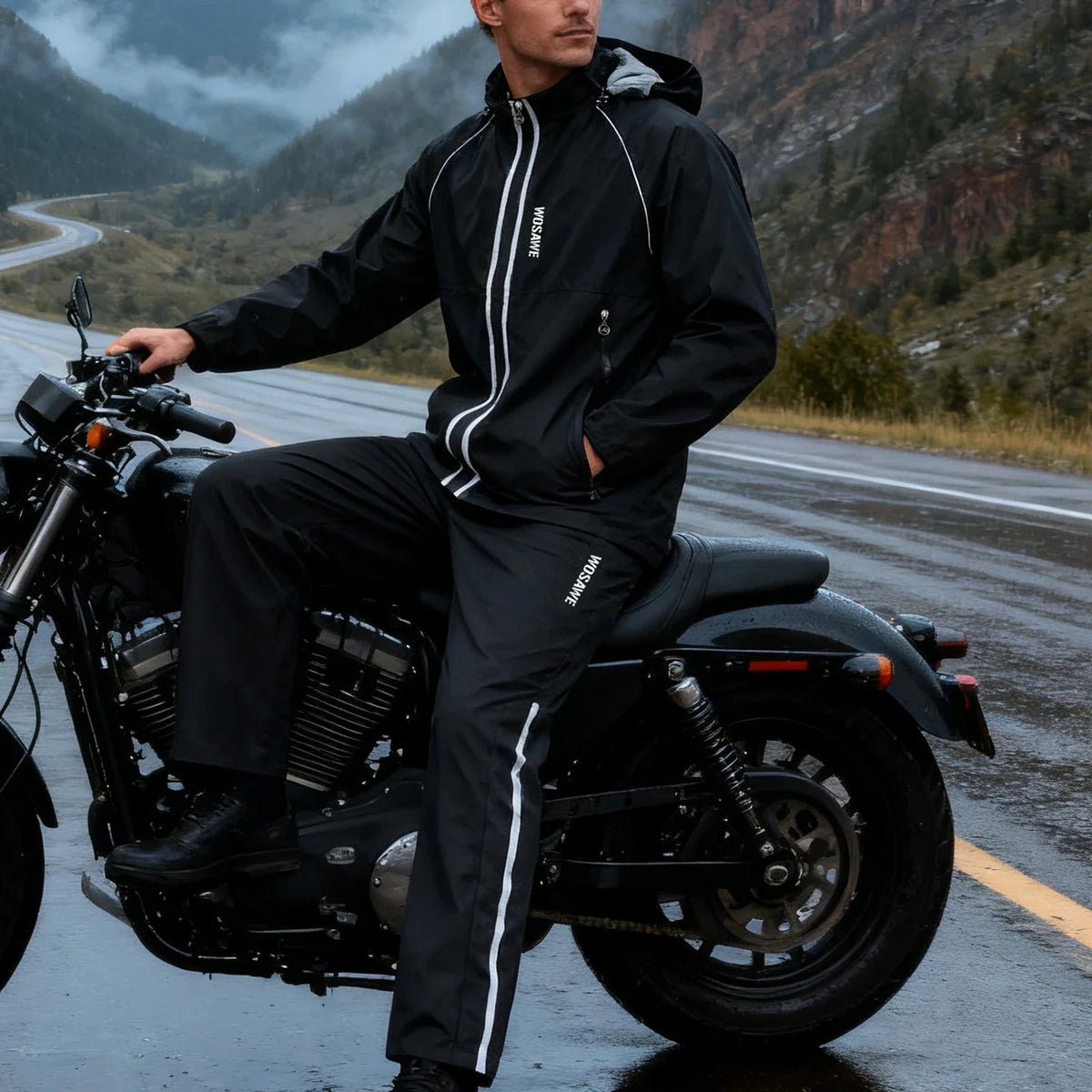 Tour 10K Motorcycle Rain Suit, black jacket and pants – product photo 2