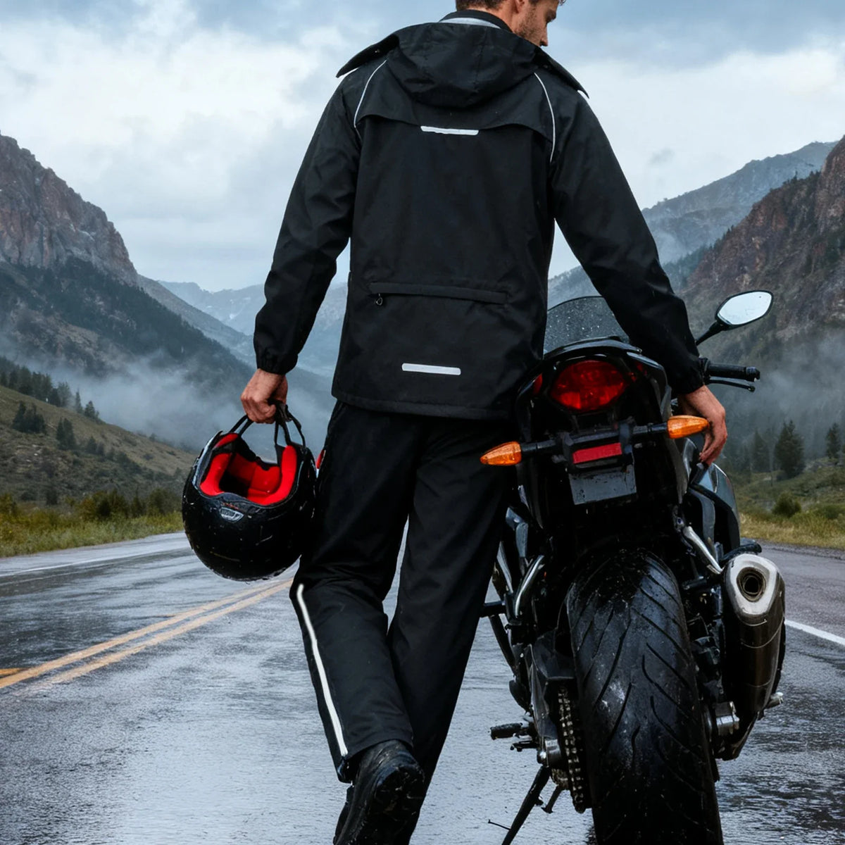 Tour 10K Motorcycle Rain Suit, black jacket and pants – product photo 3